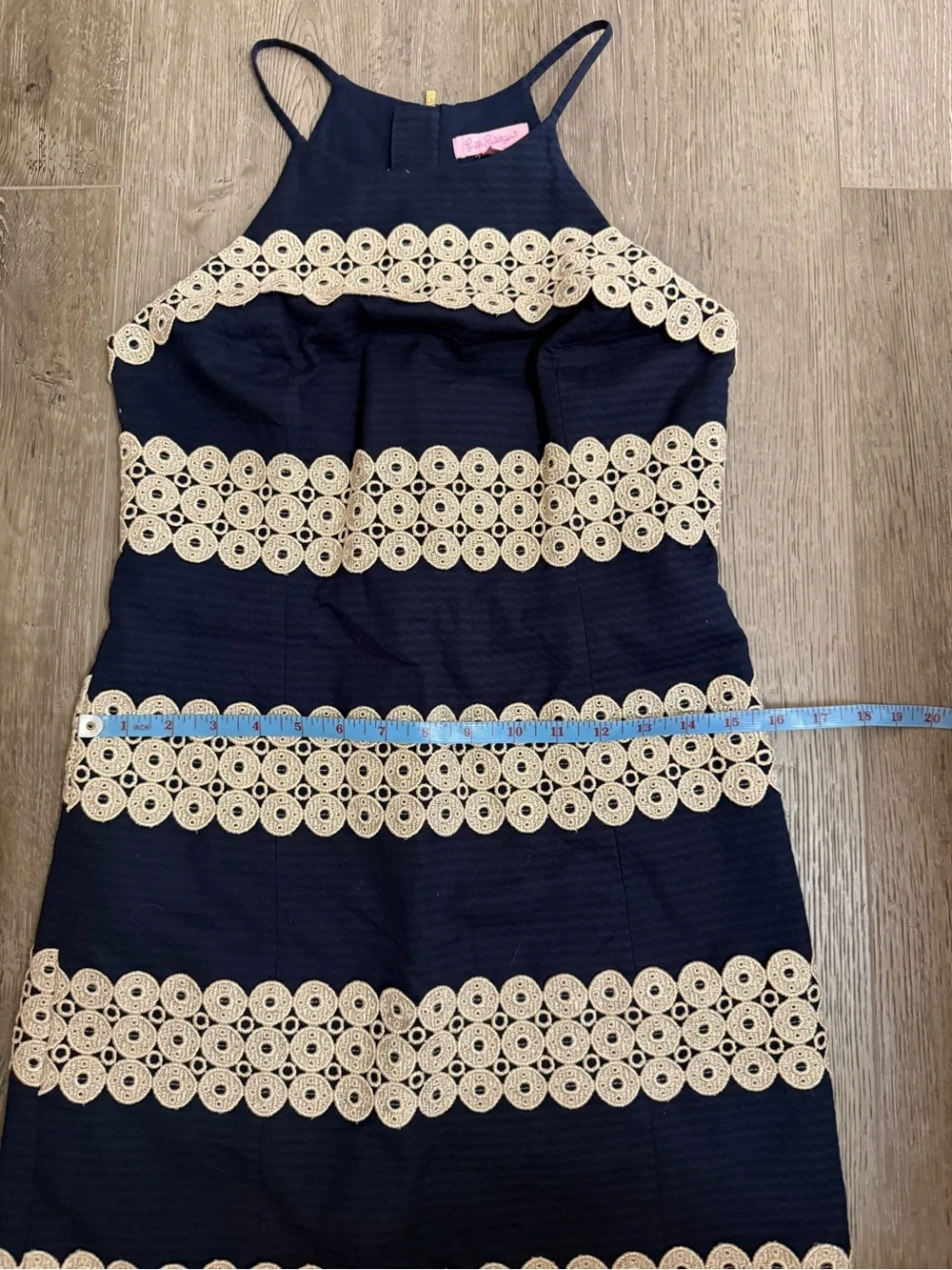 Lilly Pulitzer Navy and Cream Striped Crochet-Trim Halter Mini Dress